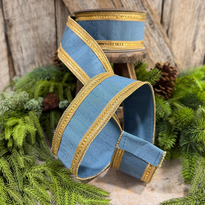 2.5" Steel Blue Twinkle Borders Ribbon, Farrisilk Christmas Ribbon, Dusty Blue Ribbon
