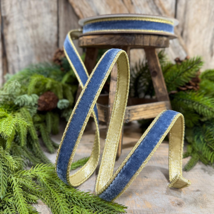 3/4" Steel Blue Flashy Velvet Ribbon, Farrisilk Ribbon, Dusty Blue Velvet Ribbon