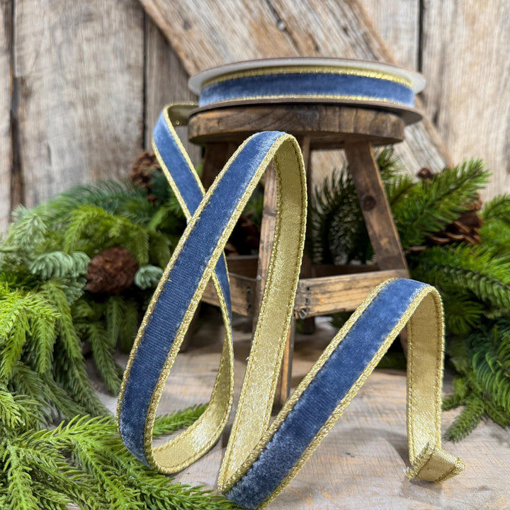 3/4" Steel Blue Flashy Velvet Ribbon, Farrisilk Ribbon, Dusty Blue Velvet Ribbon