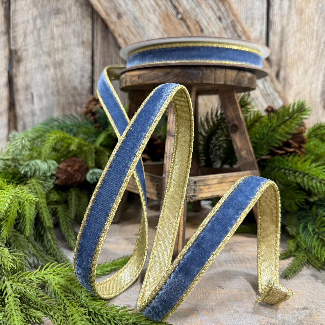 3/4" Steel Blue Flashy Velvet Ribbon, Farrisilk Ribbon, Dusty Blue Velvet Ribbon