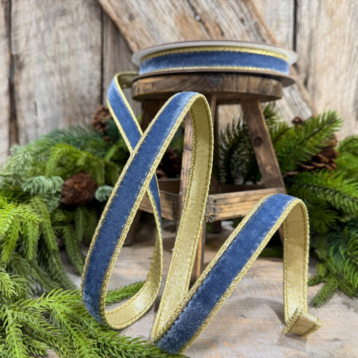 3/4" Steel Blue Flashy Velvet Ribbon, Farrisilk Ribbon, Dusty Blue Velvet Ribbon