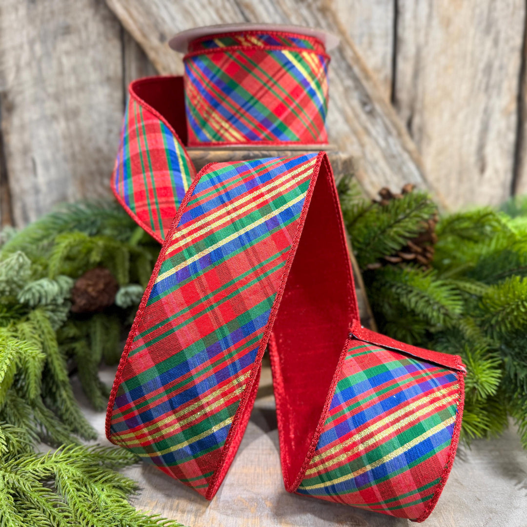 2.5" Chistmas Plaid ribbon, Farrisilk Ribbon, Nutcracker plaid ribbon, Christmas plaid ribbon, wired ribbon, Glitz Plaid Ribbon, RK700-32