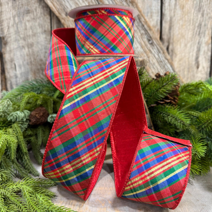 2.5" Chistmas Plaid ribbon, Farrisilk Ribbon, Nutcracker plaid ribbon, Christmas plaid ribbon, wired ribbon, Glitz Plaid Ribbon, RK700-32