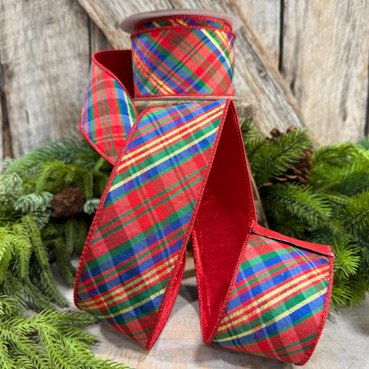 2.5" Chistmas Plaid ribbon, Farrisilk Ribbon, Nutcracker plaid ribbon, Christmas plaid ribbon, wired ribbon, Glitz Plaid Ribbon, RK700-32