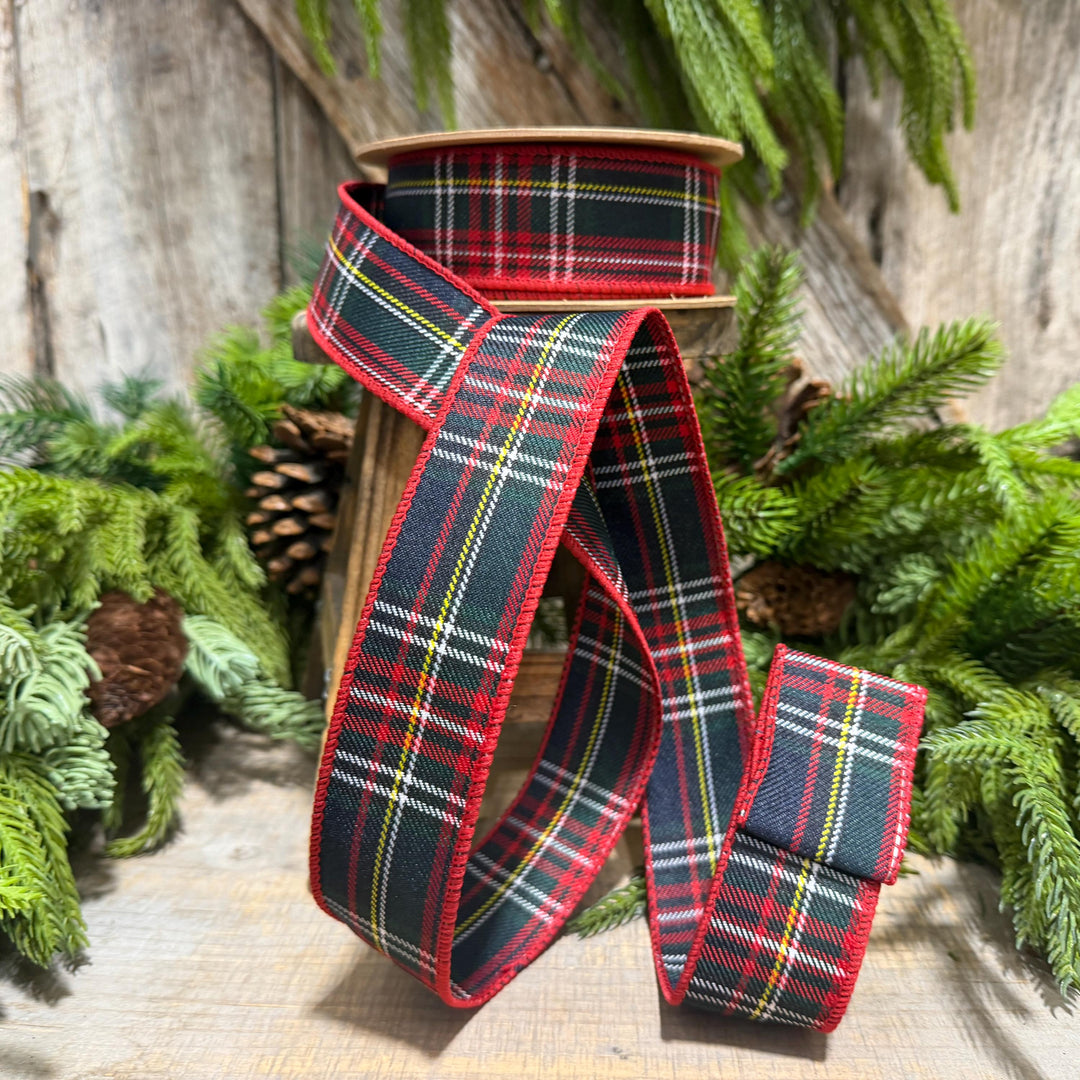 1.5" Navy Blue Traditional CHristmas Plaid, Wired Ribbon, Tartan Plaid Ribbon