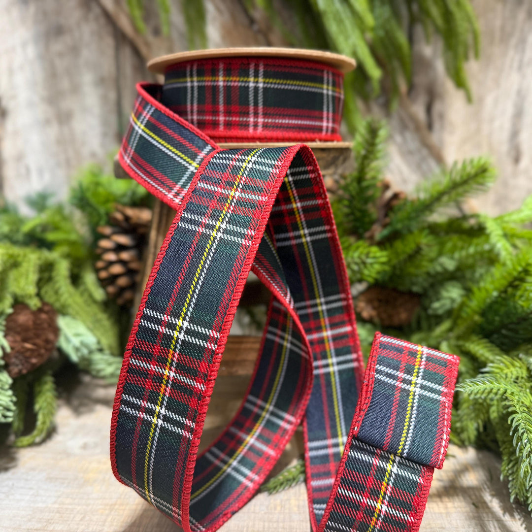 1.5" Navy Blue Traditional CHristmas Plaid, Wired Ribbon, Tartan Plaid Ribbon