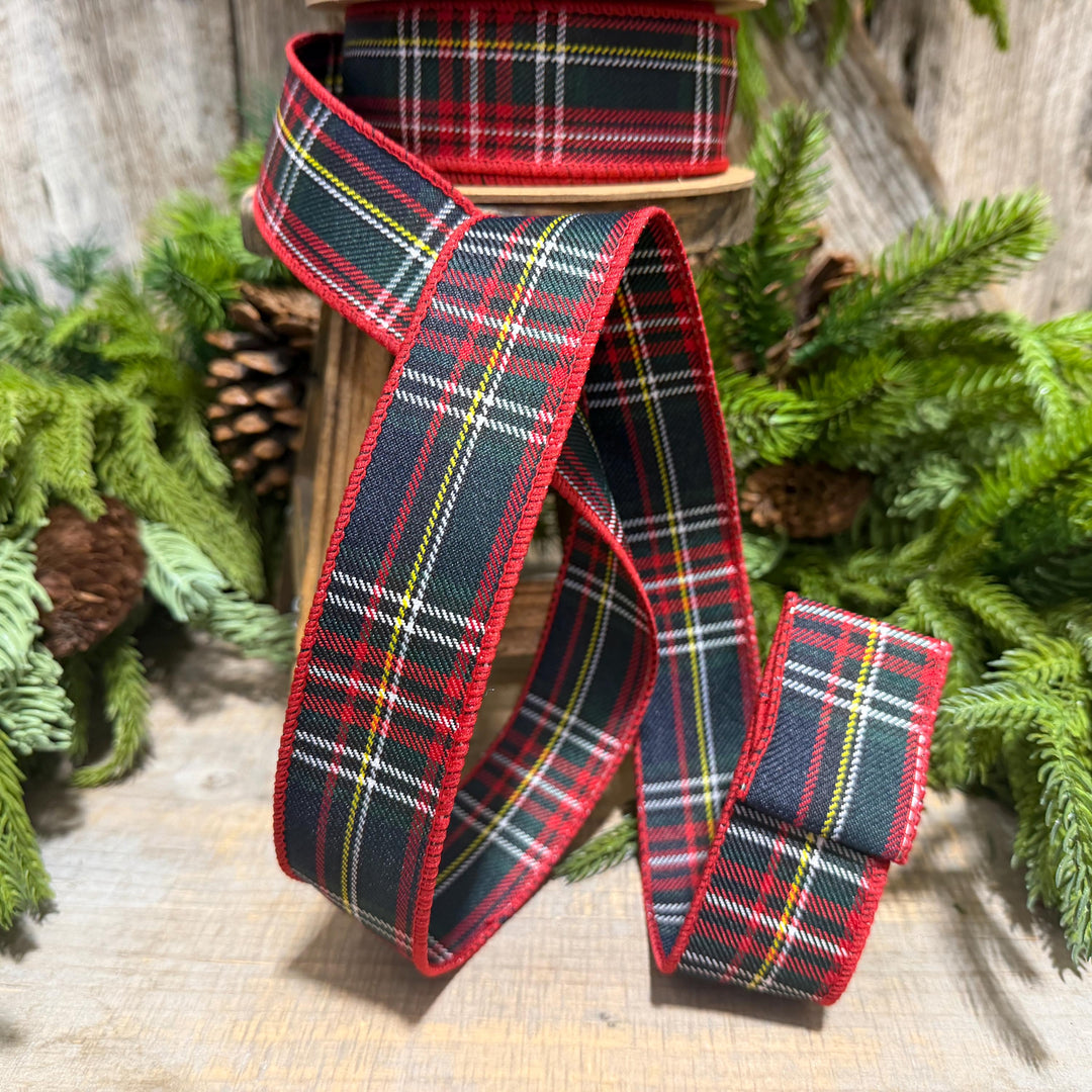 1.5" Navy Blue Traditional CHristmas Plaid, Wired Ribbon, Tartan Plaid Ribbon