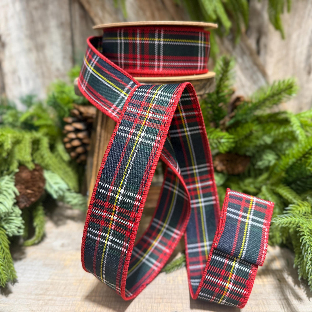 1.5" Navy Blue Traditional CHristmas Plaid, Wired Ribbon, Tartan Plaid Ribbon
