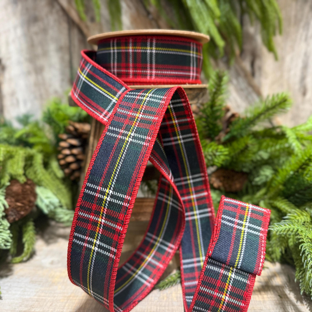 1.5" Navy Blue Traditional CHristmas Plaid, Wired Ribbon, Tartan Plaid Ribbon