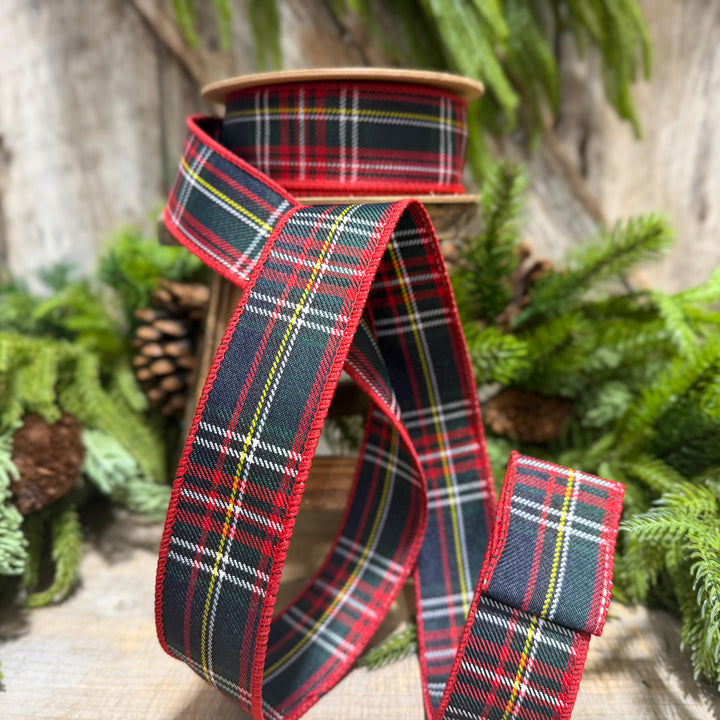 1.5" Navy Blue Traditional CHristmas Plaid, Wired Ribbon, Tartan Plaid Ribbon