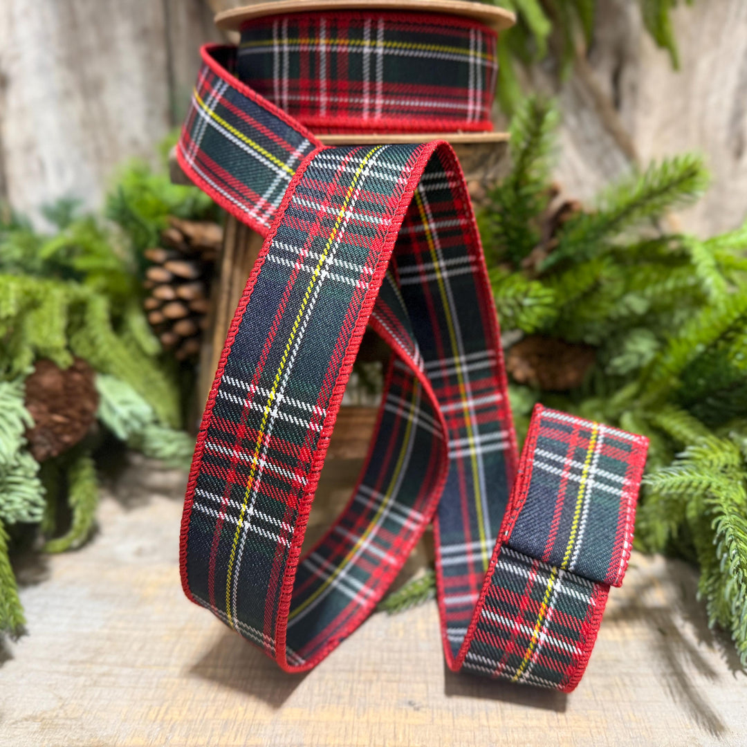 1.5" Navy Blue Traditional CHristmas Plaid, Wired Ribbon, Tartan Plaid Ribbon