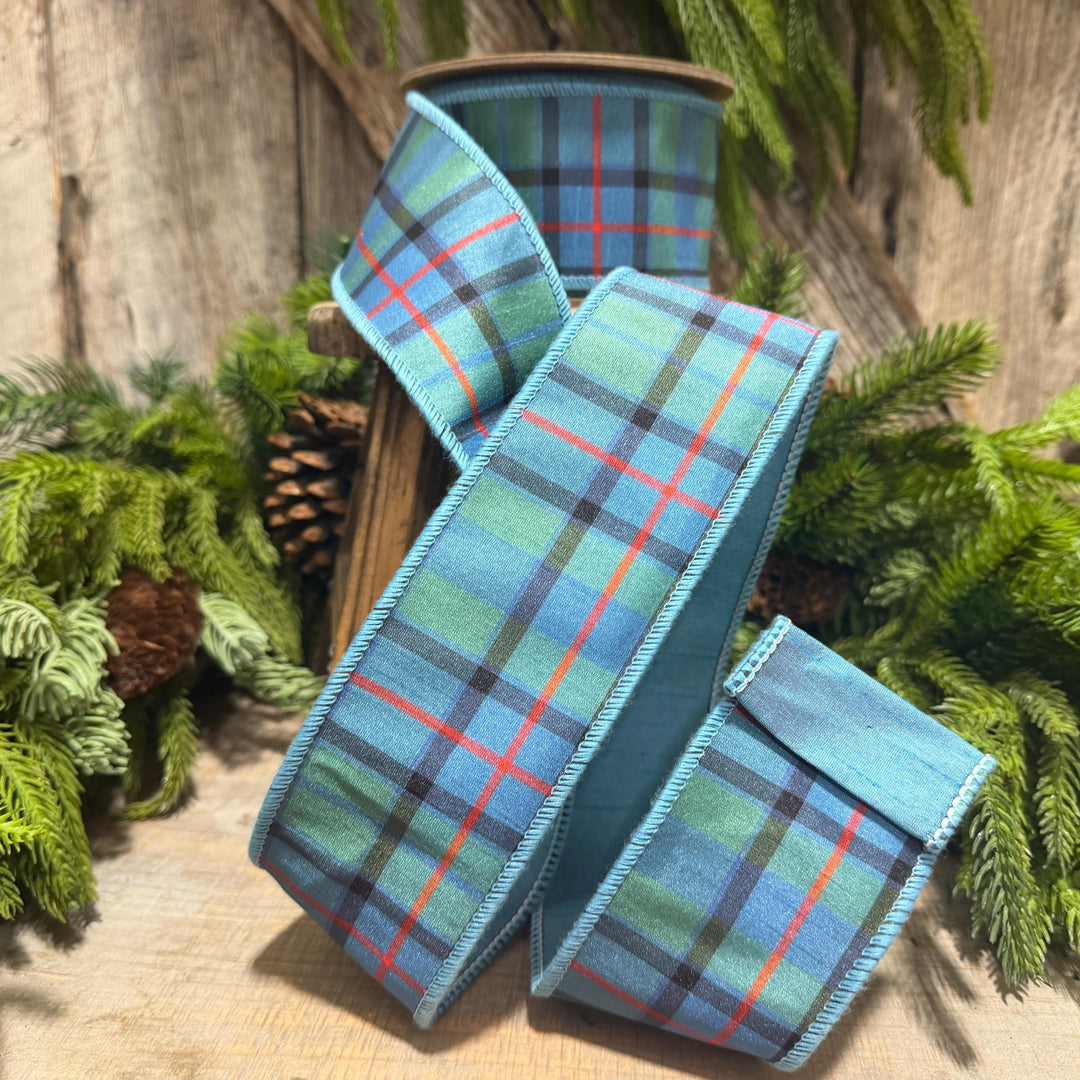 2.5" Dusty Blue Tartan Plaid Ribbon, Christmas Plaid Wired Ribbon, Blue Chirstmas Plaid RIbbon