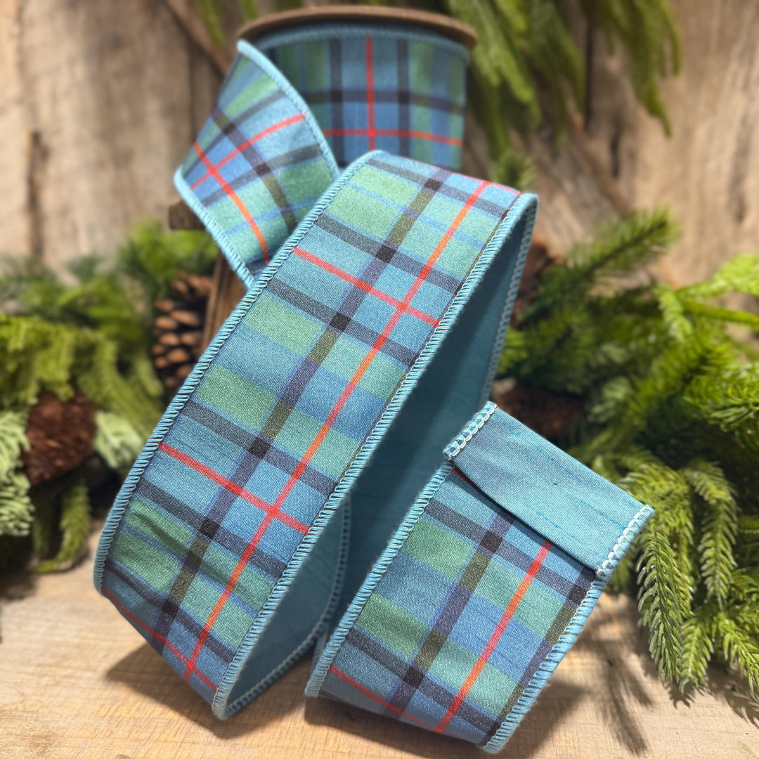 2.5" Dusty Blue Tartan Plaid Ribbon, Christmas Plaid Wired Ribbon, Blue Chirstmas Plaid RIbbon