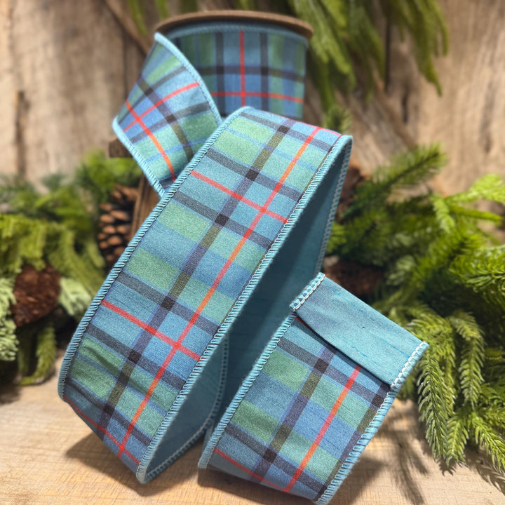 2.5" Dusty Blue Tartan Plaid Ribbon, Christmas Plaid Wired Ribbon, Blue Chirstmas Plaid RIbbon