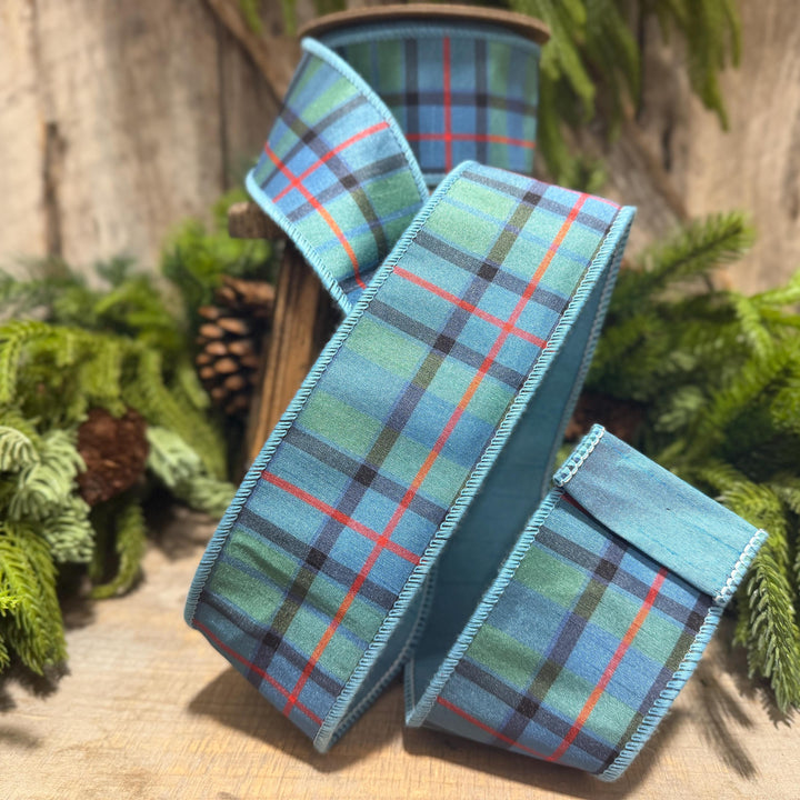 2.5" Dusty Blue Tartan Plaid Ribbon, Christmas Plaid Wired Ribbon, Blue Chirstmas Plaid RIbbon