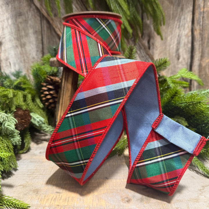 2.5" Traditional Christmas Plaid Ribbon, Wired Ribbon, Red Blue Chirstmas Plaid RIbbon