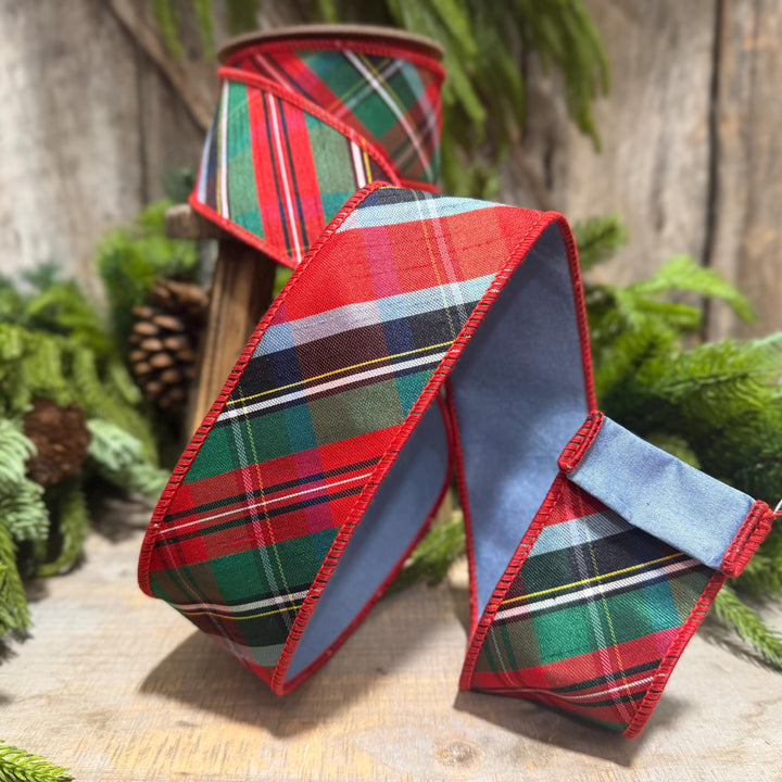 2.5" Traditional Christmas Plaid Ribbon, Wired Ribbon, Red Blue Chirstmas Plaid RIbbon