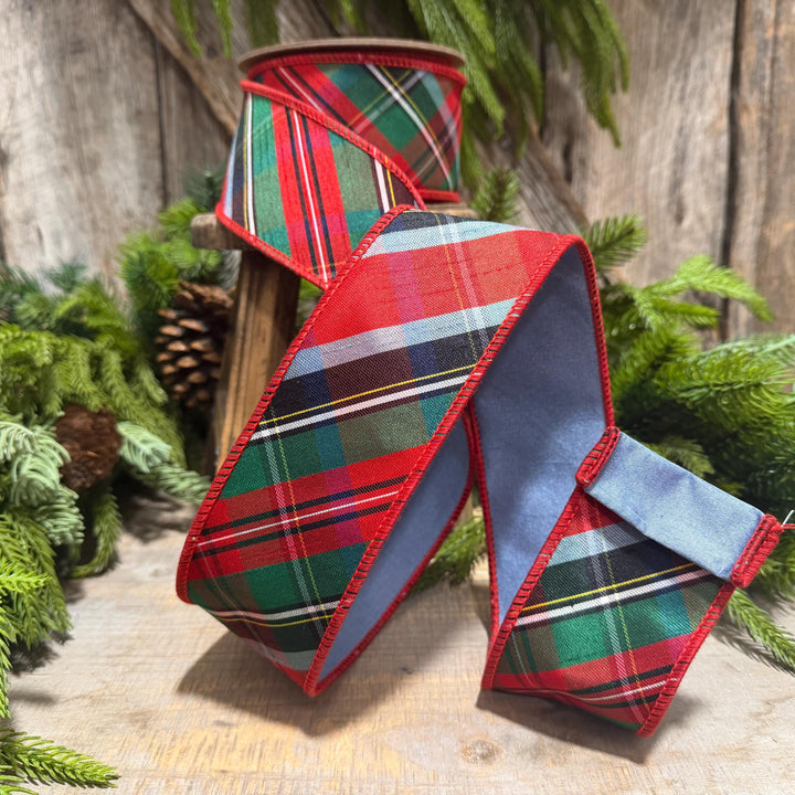 2.5" Traditional Christmas Plaid Ribbon, Wired Ribbon, Red Blue Chirstmas Plaid RIbbon