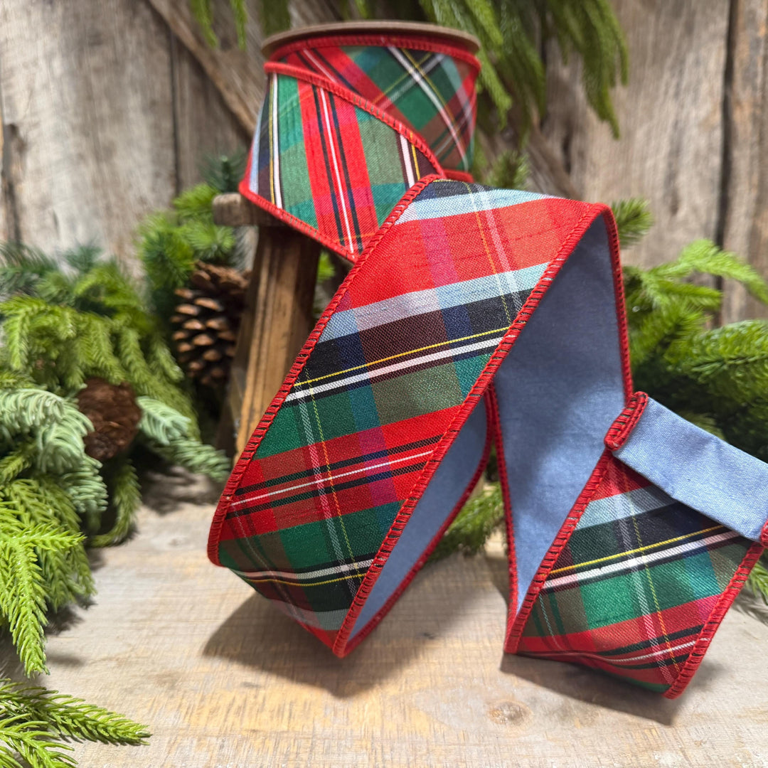 2.5" Traditional Christmas Plaid Ribbon, Wired Ribbon, Red Blue Chirstmas Plaid RIbbon