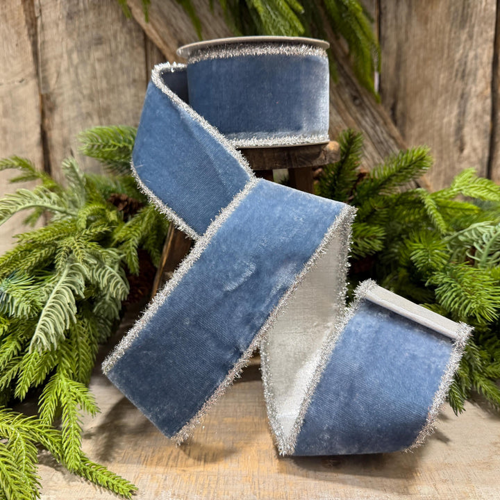 2.5" Steel Blue Velvet Ribbon, Dusty Blue Velvet Ribbon, Christmas Ribbon