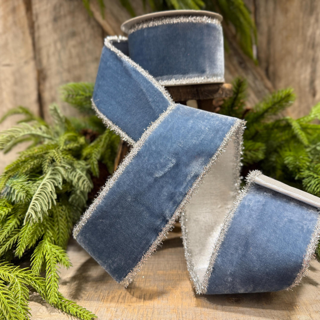 2.5" Steel Blue Velvet Ribbon, Dusty Blue Velvet Ribbon, Christmas Ribbon