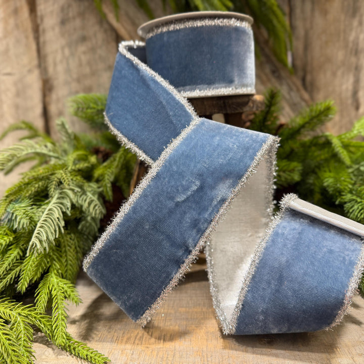 2.5" Steel Blue Velvet Ribbon, Dusty Blue Velvet Ribbon, Christmas Ribbon