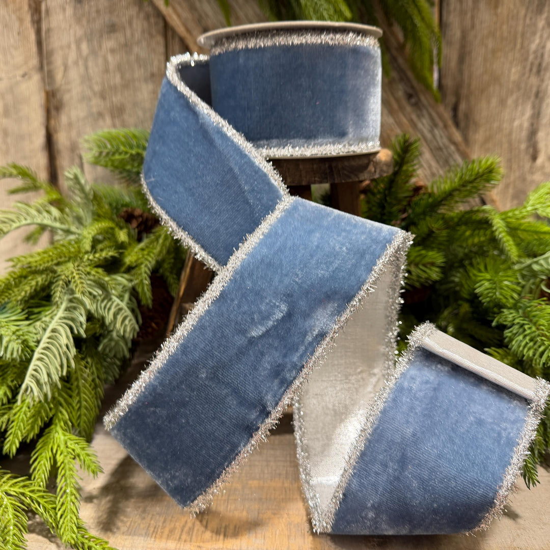 2.5" Steel Blue Velvet Ribbon, Dusty Blue Velvet Ribbon, Christmas Ribbon