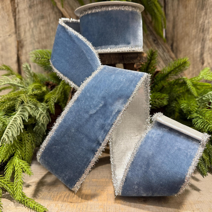 2.5" Steel Blue Velvet Ribbon, Dusty Blue Velvet Ribbon, Christmas Ribbon