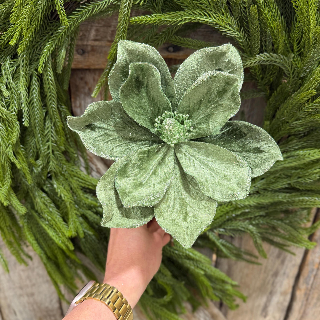 18" Green Magnolia Floral Spray, Christmas Magnolia Floral