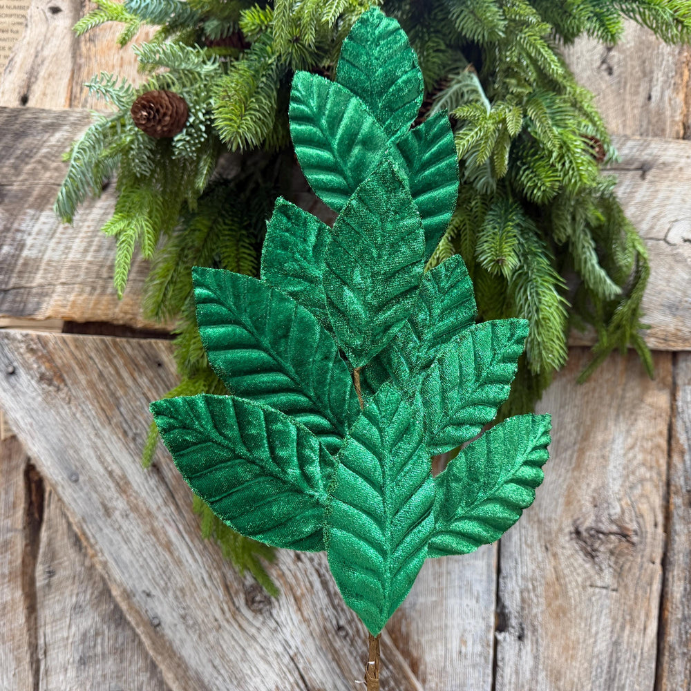 25" Emerald Green Velvet Leaf spray, Christmas Spray
