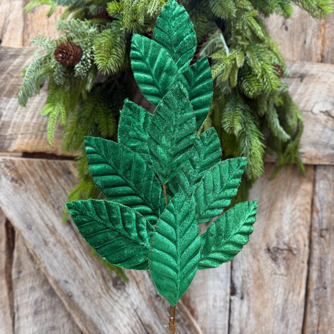 25" Emerald Green Velvet Leaf spray, Christmas Spray
