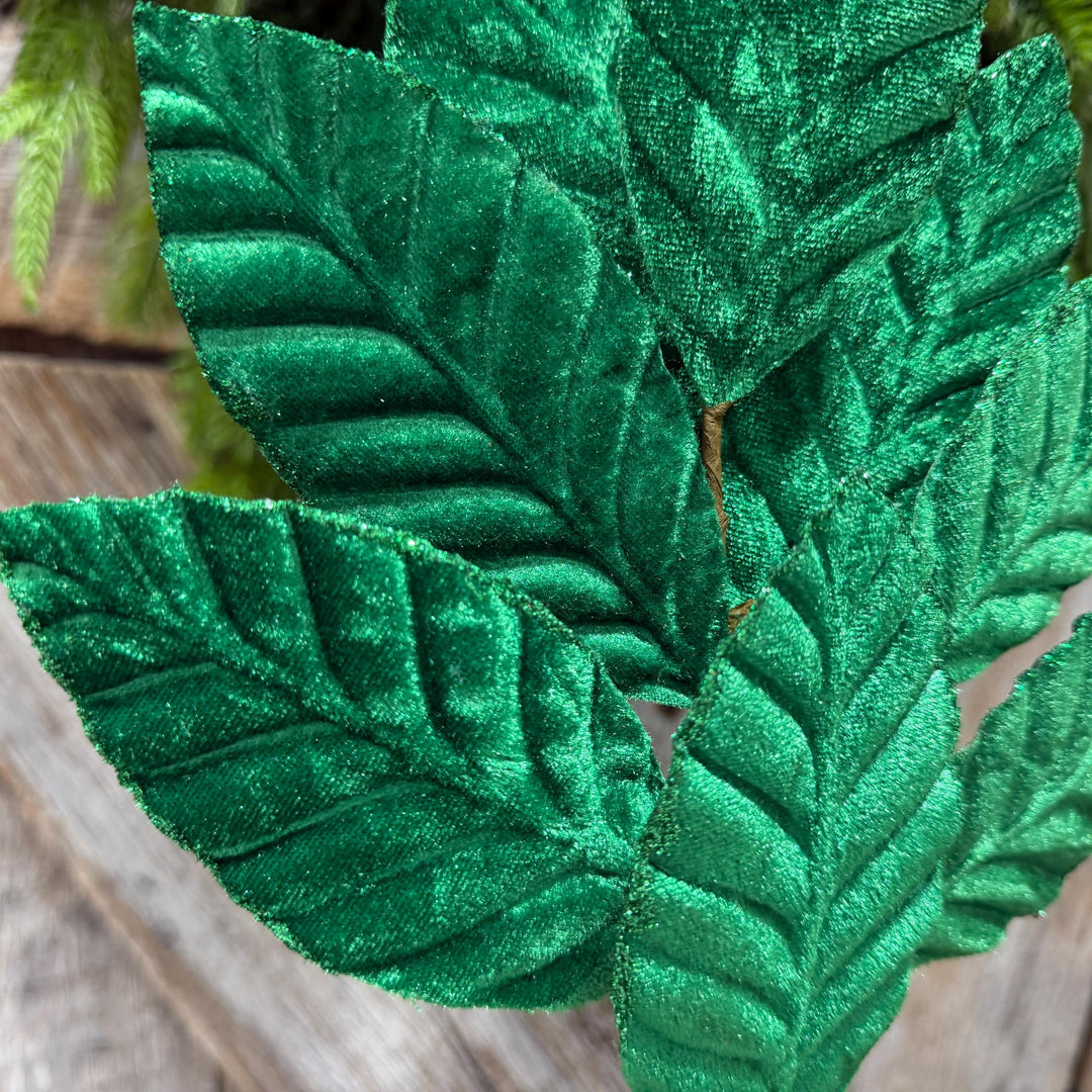 25" Emerald Green Velvet Leaf spray, Christmas Spray