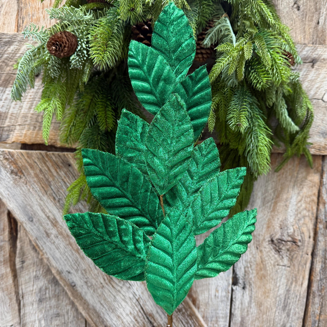 25" Emerald Green Velvet Leaf spray, Christmas Spray