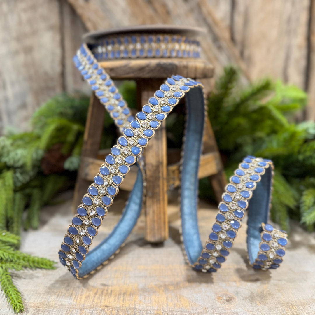 1" Steel Blue Jeweled Ribbon, Steel Blue Pendeloque Ribbon