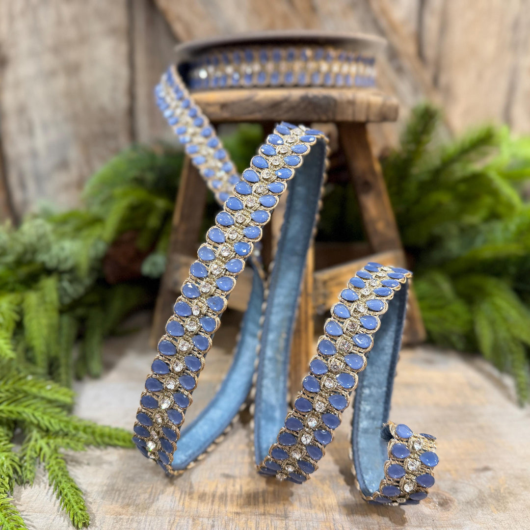 1" Steel Blue Jeweled Ribbon, Steel Blue Pendeloque Ribbon