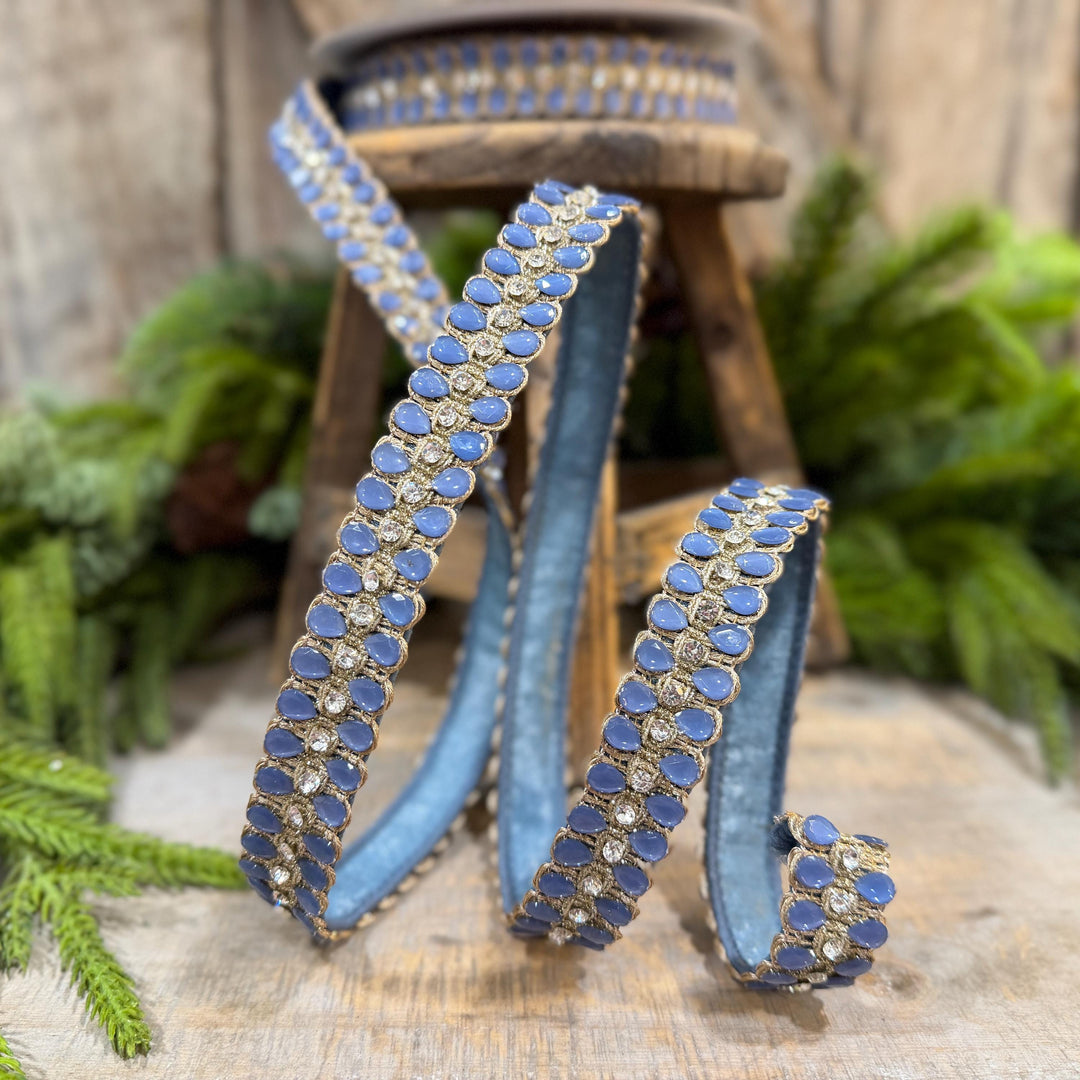 1" Steel Blue Jeweled Ribbon, Steel Blue Pendeloque Ribbon