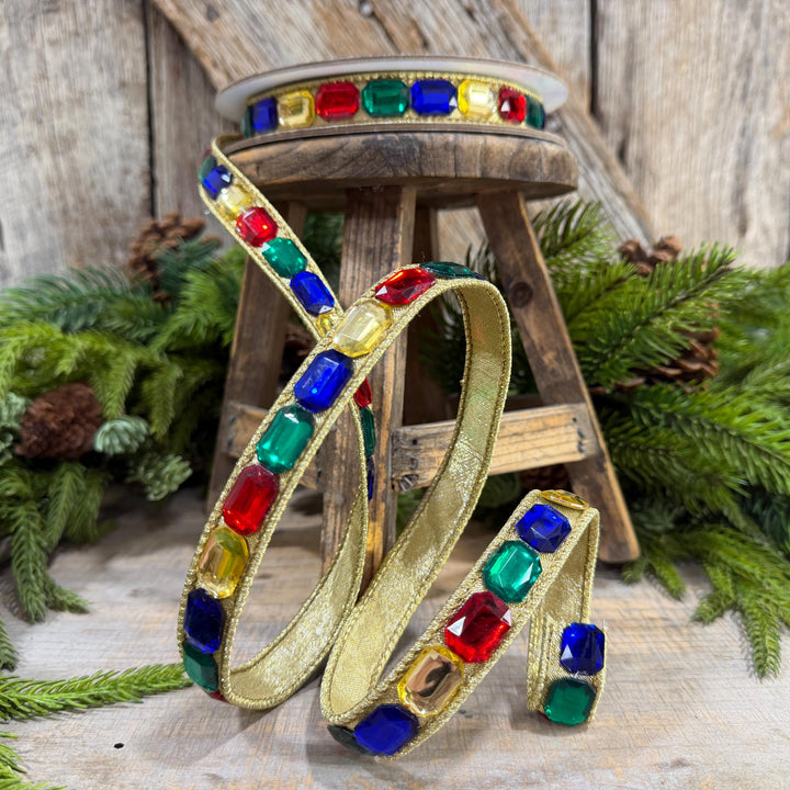 1" Multi Emerald Cut Jeweled Ribbon, Christmas Ribbon, Jeweled Ribbon, Farrisilk Ribbon, RJ017-32
