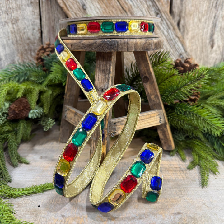 1" Multi Emerald Cut Jeweled Ribbon, Christmas Ribbon, Jeweled Ribbon, Farrisilk Ribbon, RJ017-32