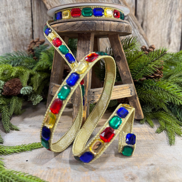 1" Multi Emerald Cut Jeweled Ribbon, Christmas Ribbon, Jeweled Ribbon, Farrisilk Ribbon, RJ017-32