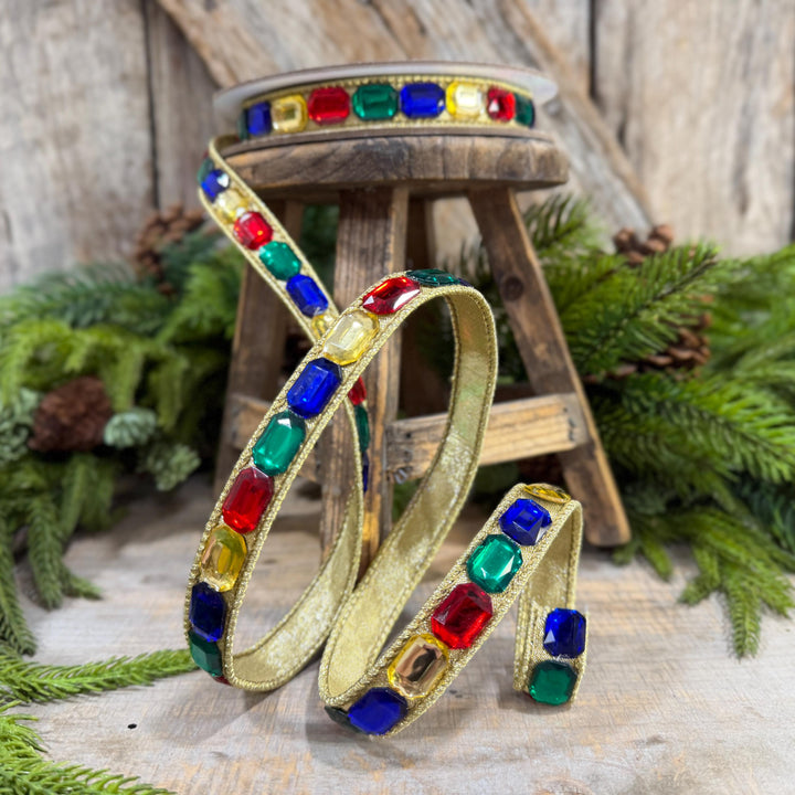 1" Multi Emerald Cut Jeweled Ribbon, Christmas Ribbon, Jeweled Ribbon, Farrisilk Ribbon, RJ017-32