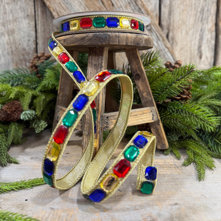 1" Multi Emerald Cut Jeweled Ribbon, Christmas Ribbon, Jeweled Ribbon, Farrisilk Ribbon, RJ017-32