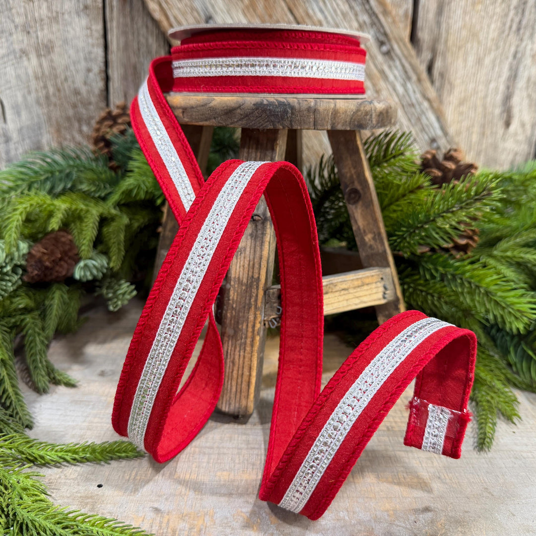 1" Red Silver Twinkle Trim Ribbon, Farrisilk ribbon, Red Silver Jeweled RIbbon