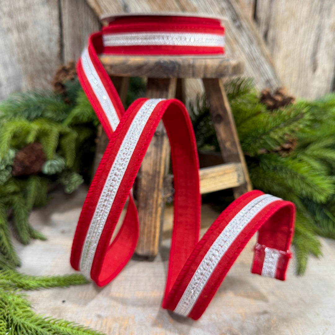 1" Red Silver Twinkle Trim Ribbon, Farrisilk ribbon, Red Silver Jeweled RIbbon