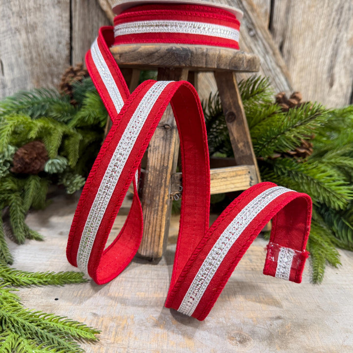 1" Red Silver Twinkle Trim Ribbon, Farrisilk ribbon, Red Silver Jeweled RIbbon