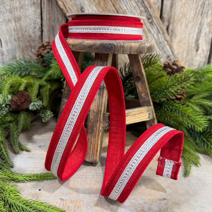 1" Red Silver Twinkle Trim Ribbon, Farrisilk ribbon, Red Silver Jeweled RIbbon