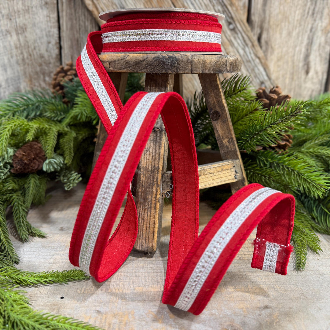 1" Red Silver Twinkle Trim Ribbon, Farrisilk ribbon, Red Silver Jeweled RIbbon