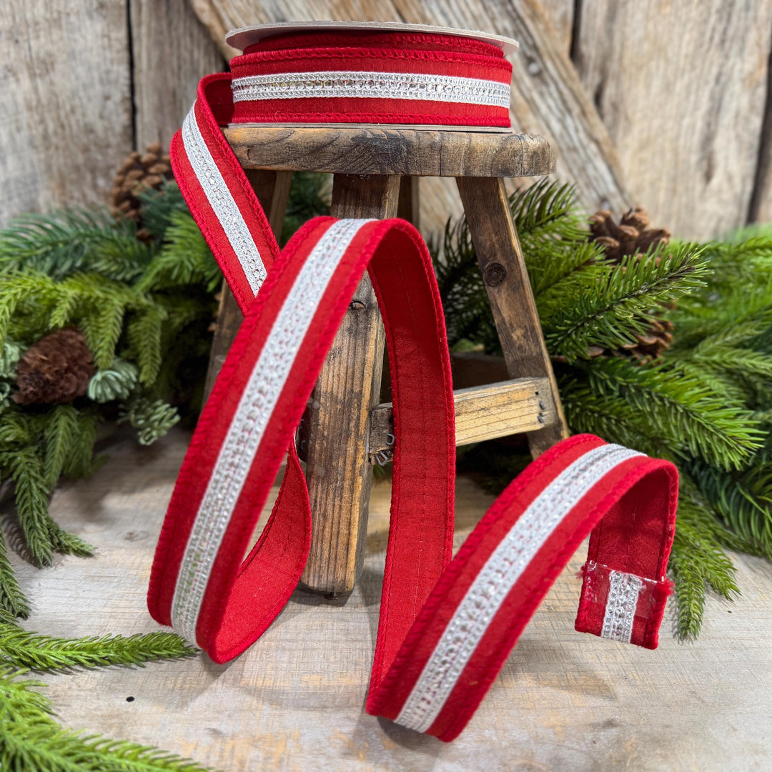 1" Red Silver Twinkle Trim Ribbon, Farrisilk ribbon, Red Silver Jeweled RIbbon