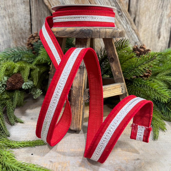 1" Red Silver Twinkle Trim Ribbon, Farrisilk ribbon, Red Silver Jeweled RIbbon