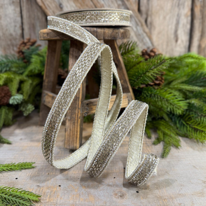 1" Platinum Jeweld Beaded Ribbon, Farrisilk Fluted Jewel Ribbon, Christmas RIbbon