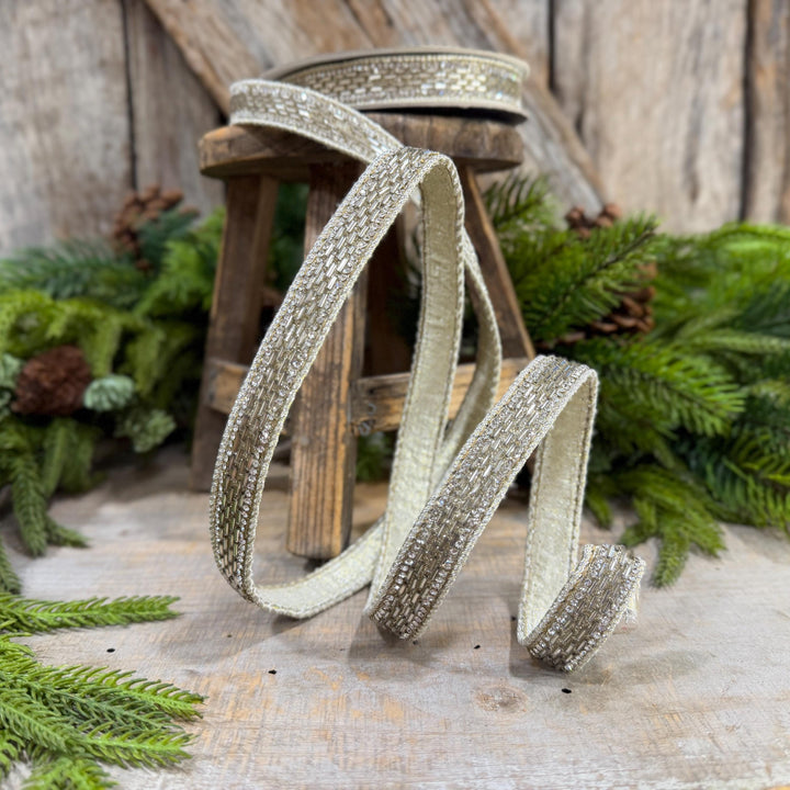1" Platinum Jeweld Beaded Ribbon, Farrisilk Fluted Jewel Ribbon, Christmas RIbbon